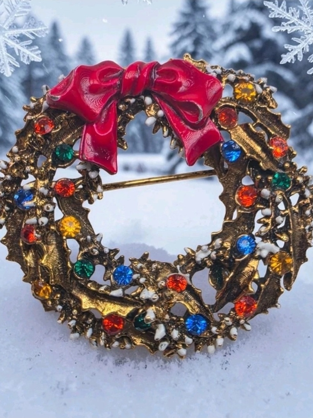Vintage Signed ART Arthur Pepper Christmas Wreath Rhinestone Enamel Bow Brooch
